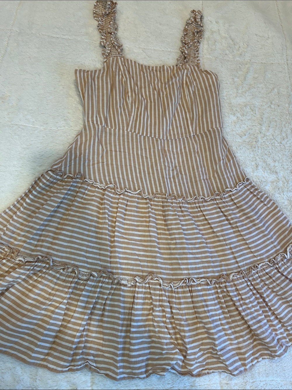 Forever 21 Tan and White Striped Ruffle-strap Dress